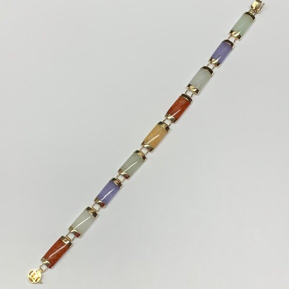 14K Gold Multicolor Jade Gemstone Bar Link Estate Vtg Tennis Bracelet J818 - Picture 6 of 9